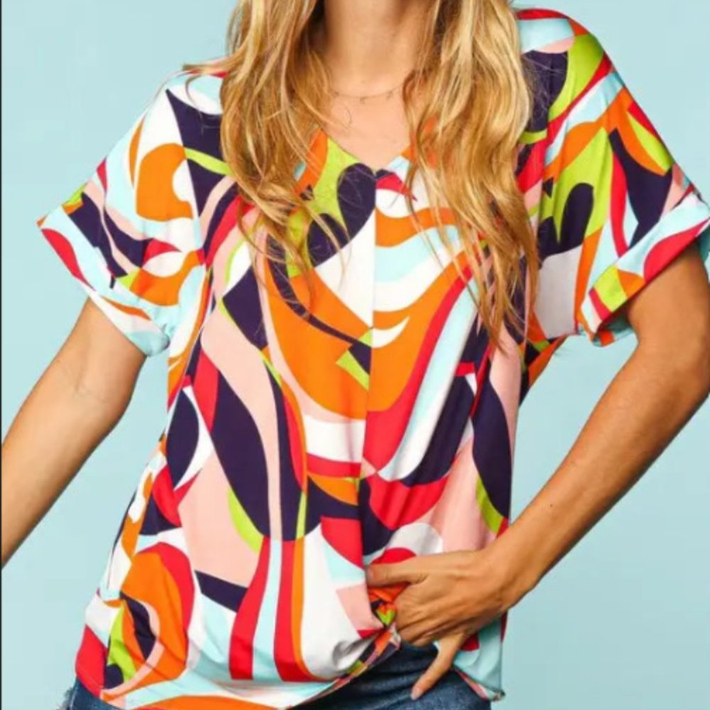 Geometric Loose Fit Short Sleeve Top